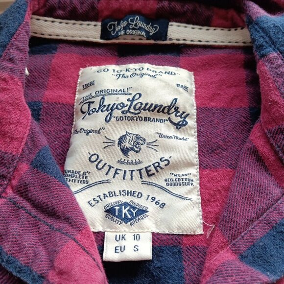Small Tokyo Laundry Shirt Womens Red Or Pink Navy Check Button Up Japan Plaid - Picture 4 of 11